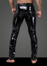 Long Black Elastic PVC Pants for Men with Front Snaps Mens Latex